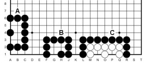 A: Nero cattura la catena giocando A4. B: Nero cattura la catena giocando H1. C: ehi, ma in questo caso che succede?